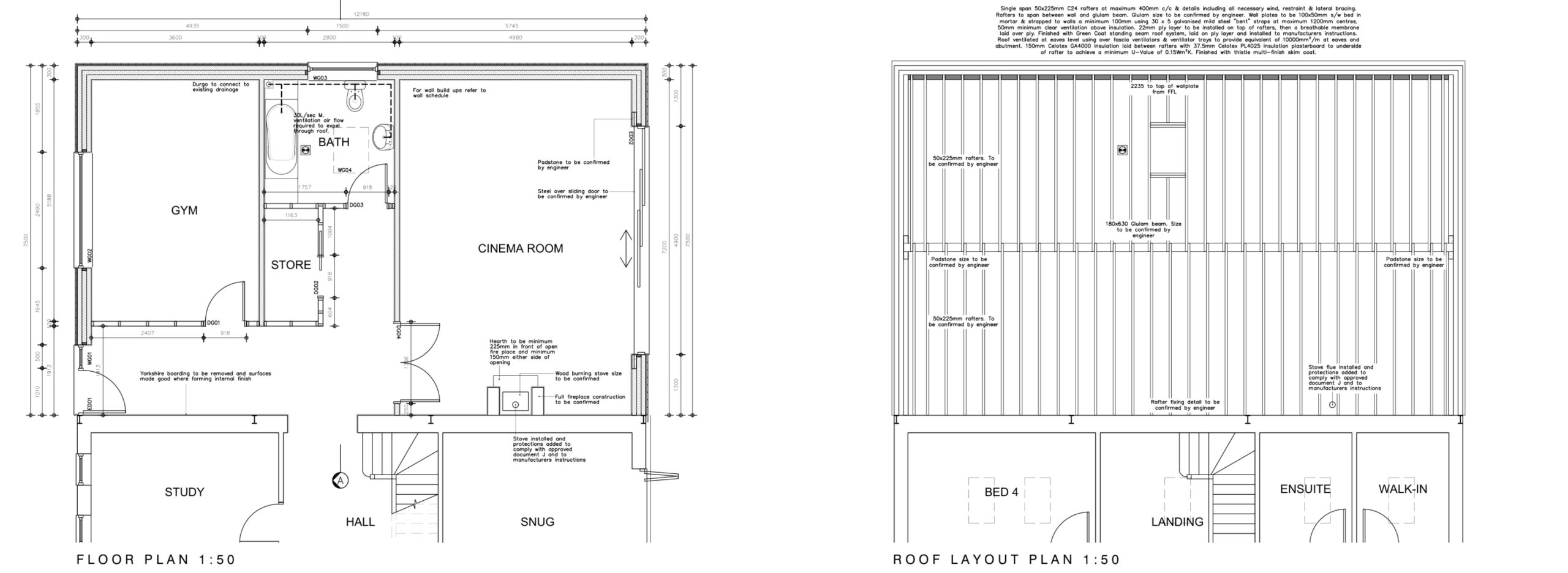 Architectural floor and roof plans for Cheltenham barn conversion extension