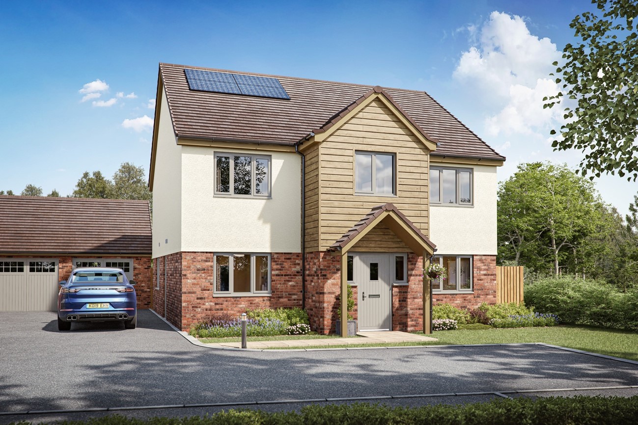 Architectural CGI of a detached house with brick and render finishes at Minsterworth